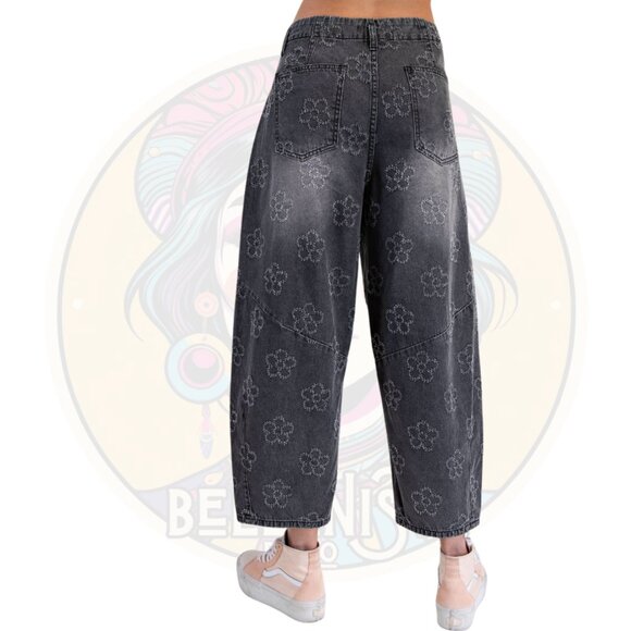 B742 EASEL Black Flower Pattern Washed Twill Barrel Pants - Picture 3 of 3